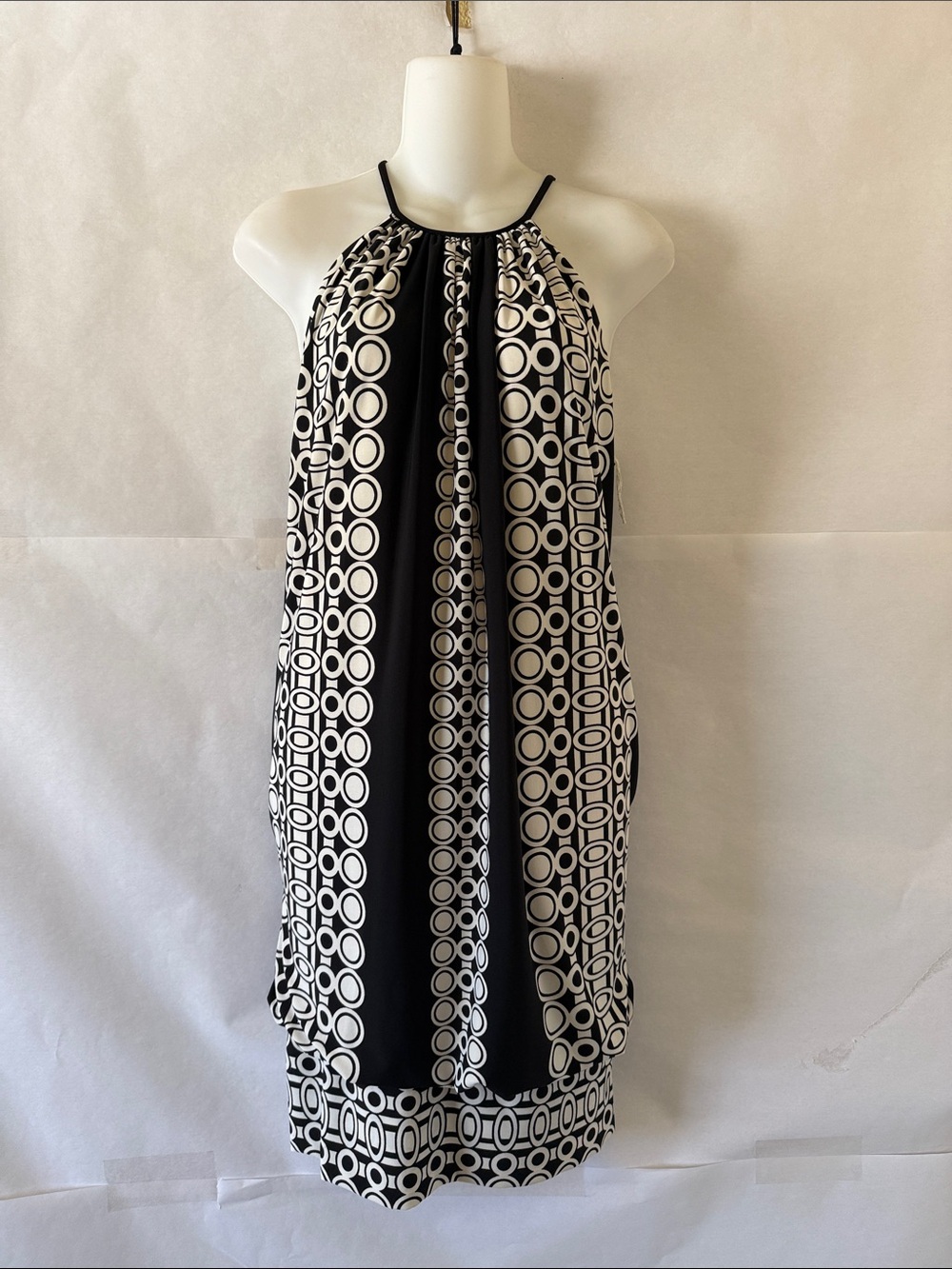 London Times Geometric Halter Dress Size 12 Bubble Hem Y2K Evening Shift Dress